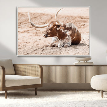 91248682-MGV-CV-36X24-Texas Longhorn Wall Art Canvas Print, Framed Resting Bull Art Picture Print, Spotted Cattle Perfect Rustic Western Decor Artwork