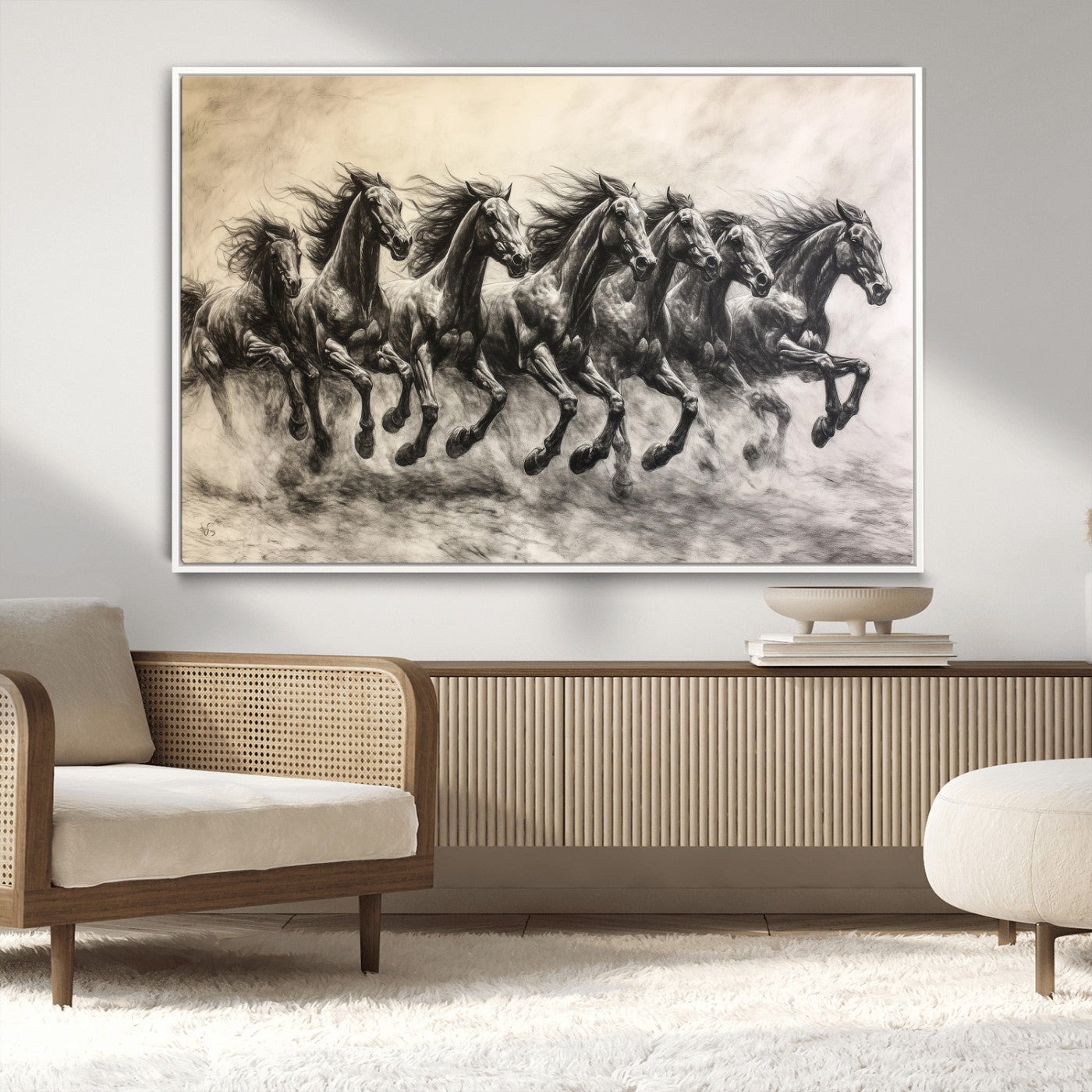 56089591-MGV-CV-36X24-Galloping Horses Wall Art Canvas Print, Framed Wild Stallions Art Picture Print, Horse Herd Sketch Perfect Monochrome Dynamic