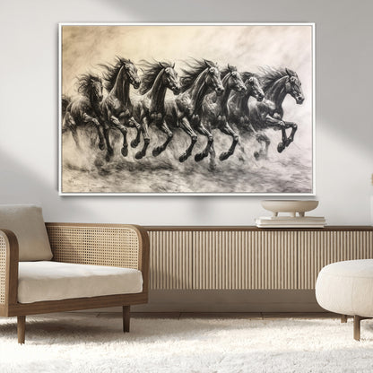 56089591-MGV-CV-36X24-Galloping Horses Wall Art Canvas Print, Framed Wild Stallions Art Picture Print, Horse Herd Sketch Perfect Monochrome Dynamic