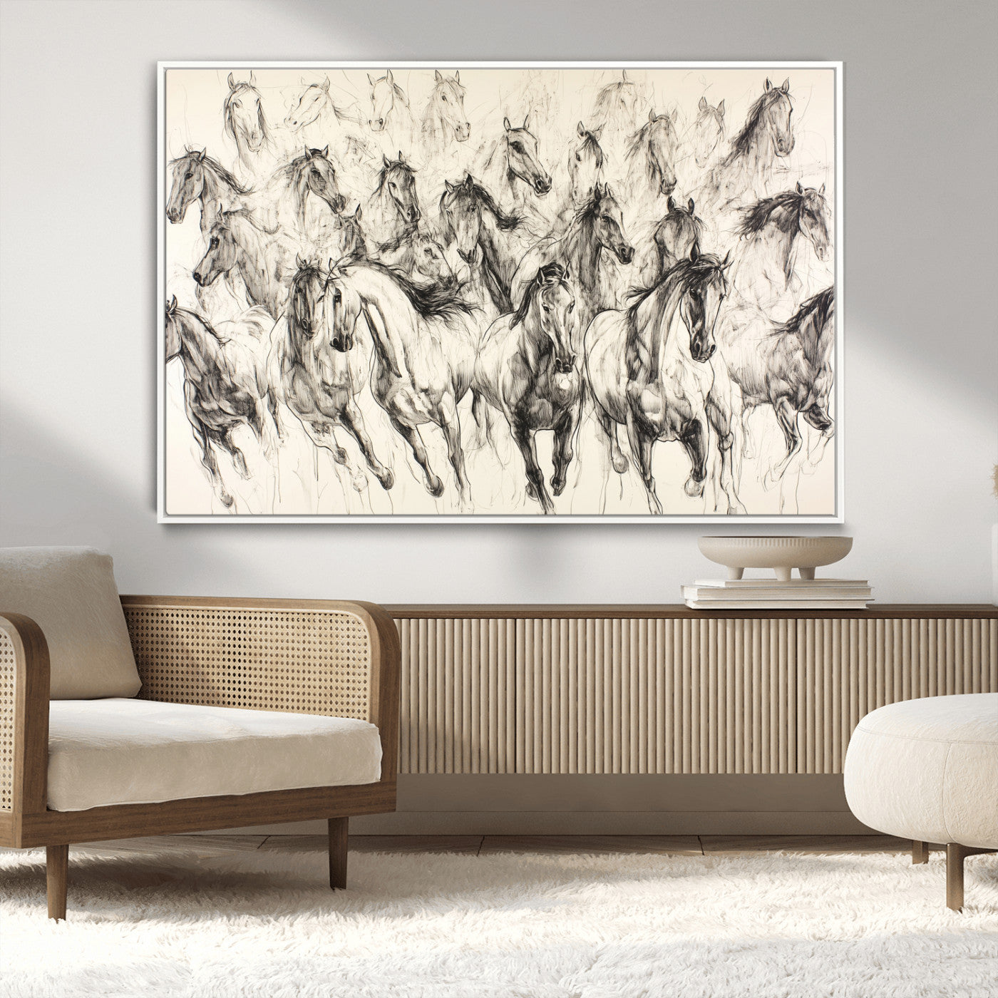 19433417-MGV-CV-36X24-Running Horses Wall Art Canvas Print, Framed Horse Sketch Art Picture Print, Galloping Herd Perfect Monochrome Western Decor