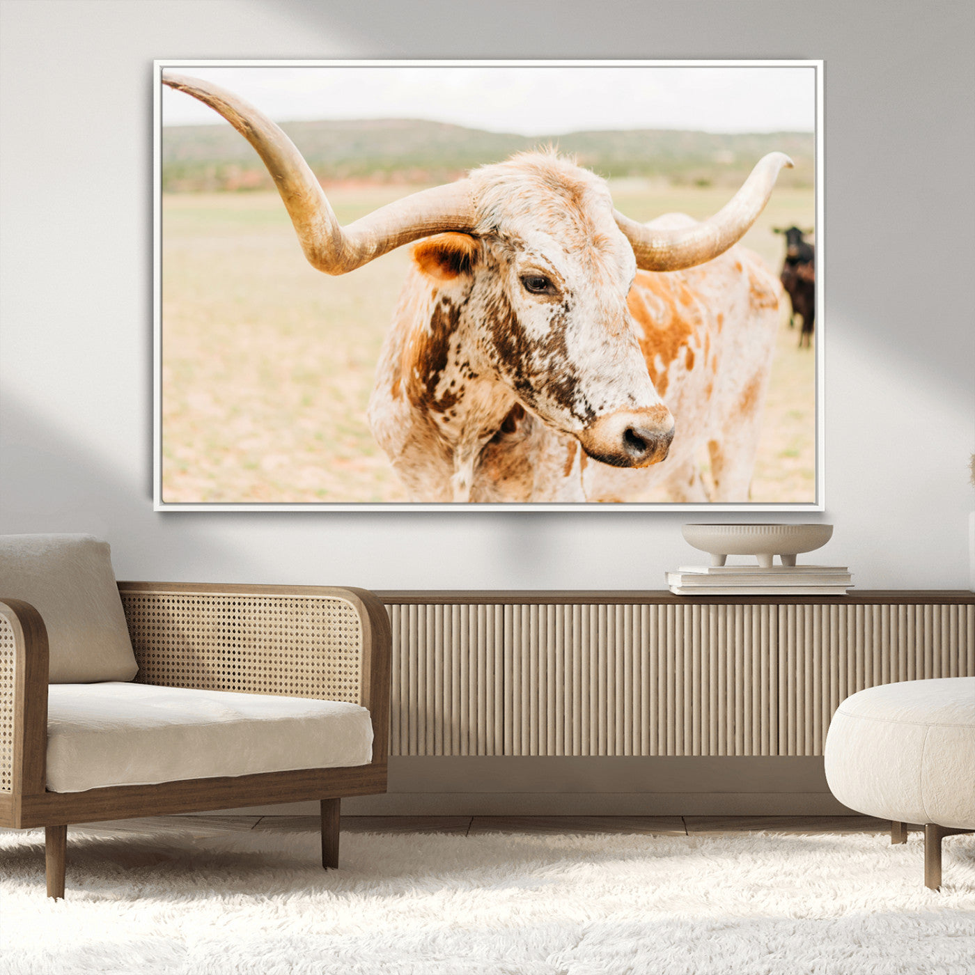 21060648-MGV-CV-36X24-Texas Longhorn Wall Art Canvas Print, Framed Speckled Cow Art Picture Print, Rustic Bull Perfect Rustic Western Decor Artwork