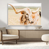 21060648-MGV-CV-36X24-Texas Longhorn Wall Art Canvas Print, Framed Speckled Cow Art Picture Print, Rustic Bull Perfect Rustic Western Decor Artwork
