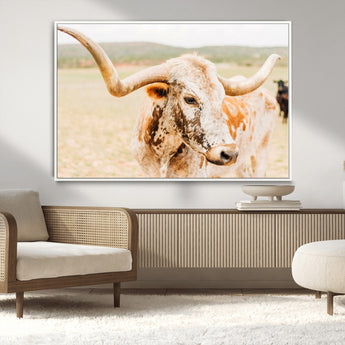 21060648-MGV-CV-36X24-Texas Longhorn Wall Art Canvas Print, Framed Speckled Cow Art Picture Print, Rustic Bull Perfect Rustic Western Decor Artwork