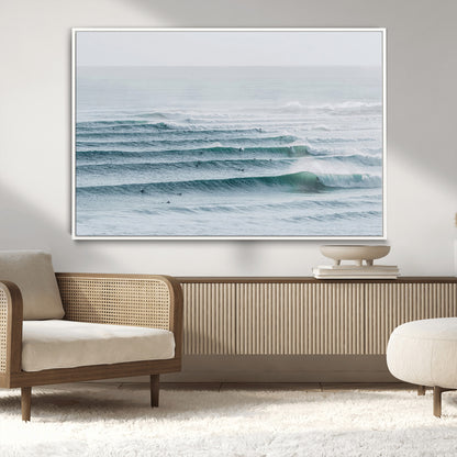 73969318-MGV-CV-36X24-Ocean Waves Wall Art Canvas Print, Framed Surfer Lineup Art Picture Print, Crowded Ocean Perfect Minimal Coastal Decor Artwork