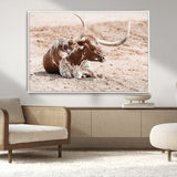 25407592-MGV-CV-36X24-Texas Longhorn Wall Art Canvas Print, Framed Resting Bull Art Picture Print, Spotted Cattle Perfect Rustic Western Decor Artwork