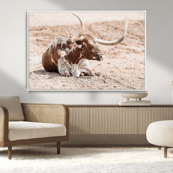25407592-MGV-CV-36X24-Texas Longhorn Wall Art Canvas Print, Framed Resting Bull Art Picture Print, Spotted Cattle Perfect Rustic Western Decor Artwork