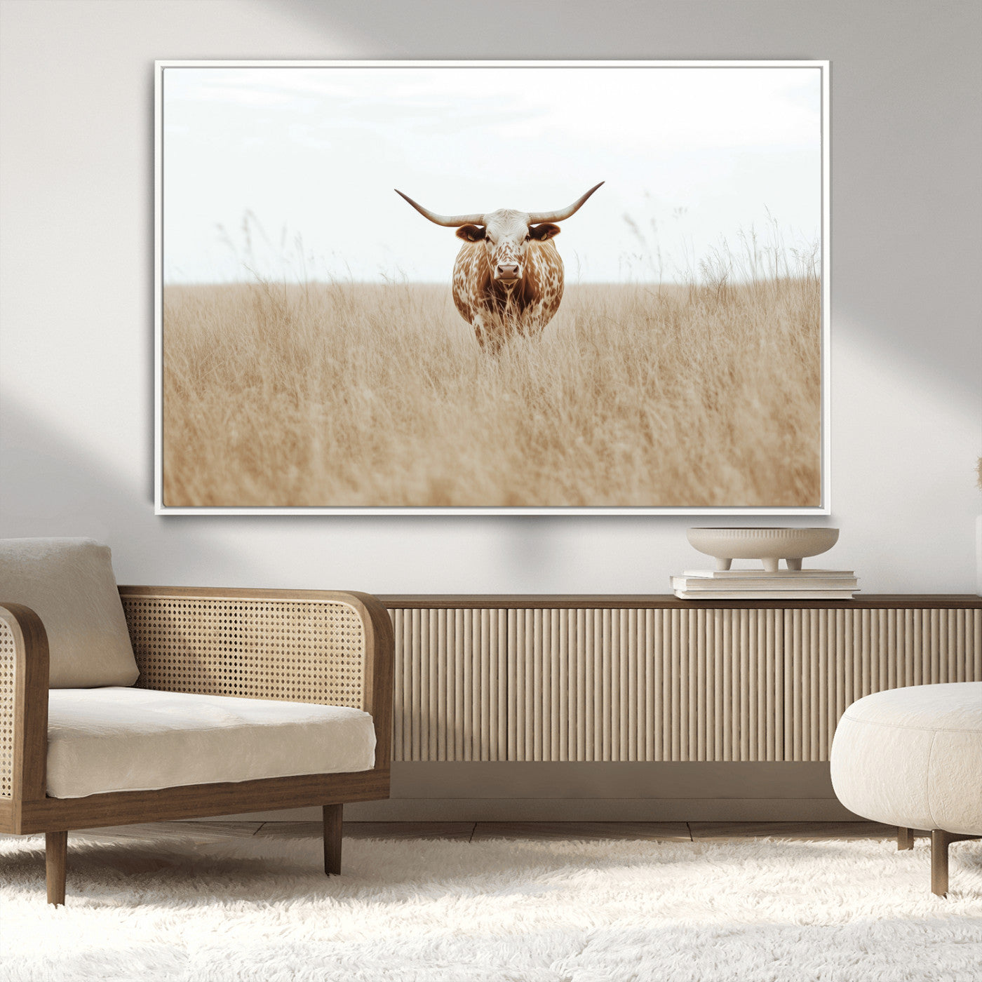 20927060-MGV-CV-36X24-Texas Longhorn Wall Art Canvas Print, Framed Lone Cattle Art Picture Print, Longhorn Bull Perfect Rustic Western Decor Artwork