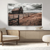 73898372-MGV-CV-36X24-Rustic Barn Wall Art Canvas Print, Framed Moody Field Art Picture Print, Weathered Fence Perfect Moody Farmhouse Decor Artwork