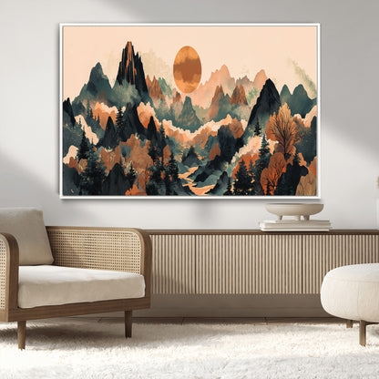 13012770-MGV-CV-36X24-Mountain Landscape Wall Art – Modern Nature Canvas Print with Sun, Misty Peaks, and Forest in Orange and Green Tones for Living