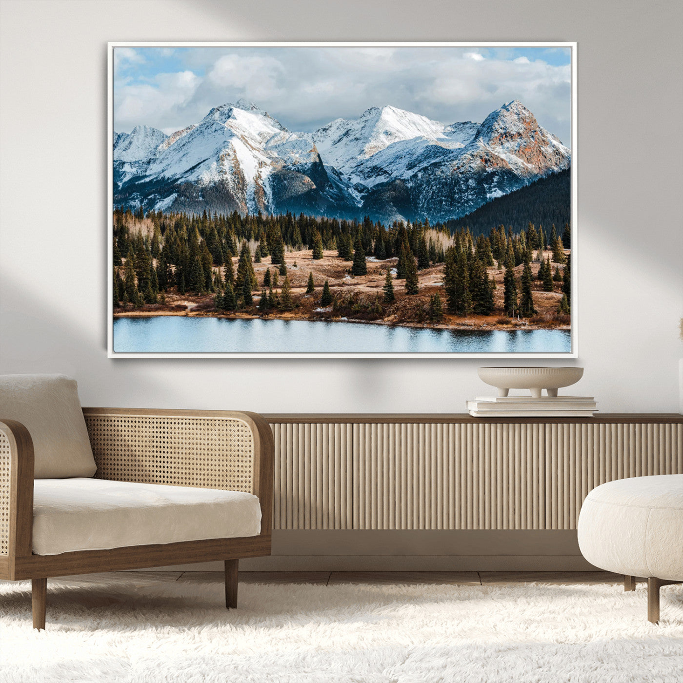 36247746-MGV-FC-36X24_White-Snowy Peaks Wall Art Canvas Print, Framed Alpine Lake Art Picture Print, Pine Forest Perfect Alpine Wilderness Decor Artwork