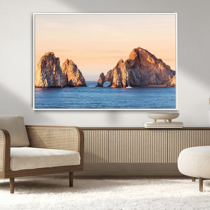 72996116-MGV-CV-36X24-El Arco Wall Art Canvas Print, Framed Cabo Rocks Art Picture Print, Ocean Arch Perfect Golden Coastal Landmark Decor Artwork