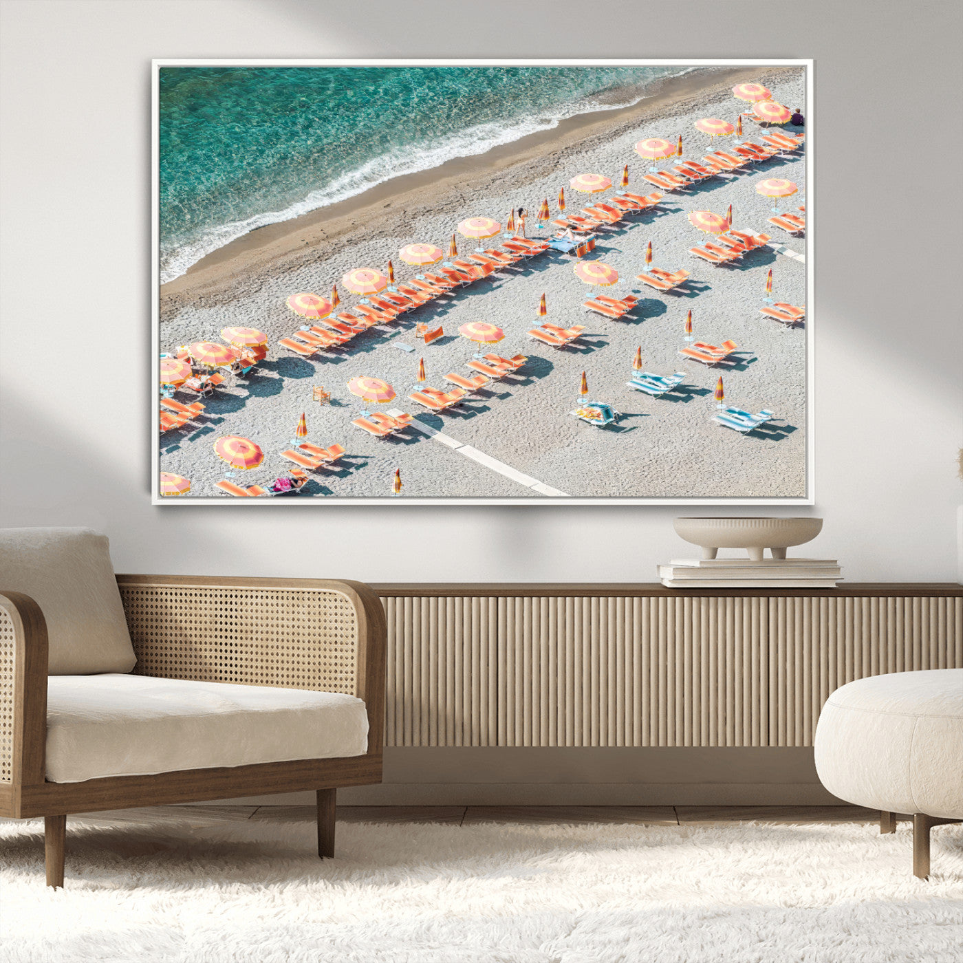 27805351-MGV-CV-36X24-Colorful Umbrellas Wall Art Canvas Print, Framed Sunny Beach Art Picture Print, Beach Lounges Perfect Mediterranean Retro Beach