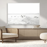33449548-MGV-CV-36X24-Group Surfers Wall Art Canvas Print, Framed Ocean Wave Art Picture Print, Surf Crowd Perfect Monochrome Surf Decor Artwork
