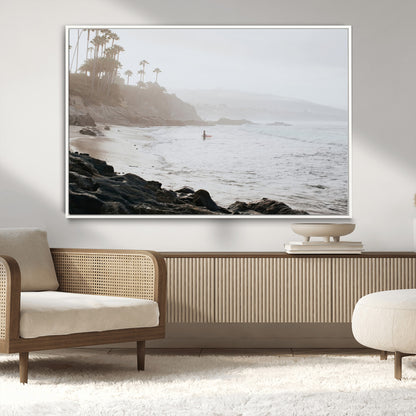 62501405-MGV-CV-36X24-Misty Beach Wall Art Canvas Print, Framed California Surfer Art Picture Print, Coastal Cliff Perfect Coastal Beach Decor Artwork