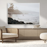 62501405-MGV-CV-36X24-Misty Beach Wall Art Canvas Print, Framed California Surfer Art Picture Print, Coastal Cliff Perfect Coastal Beach Decor Artwork
