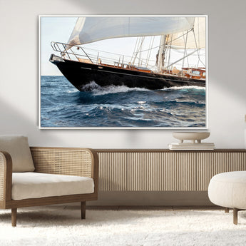 97168626-MGV-CV-36X24-Sailing Yacht Wall Art Canvas Print, Framed Wooden Yacht Art Picture Print, Ocean Waves Perfect Nautical Coastal Decor Artwork