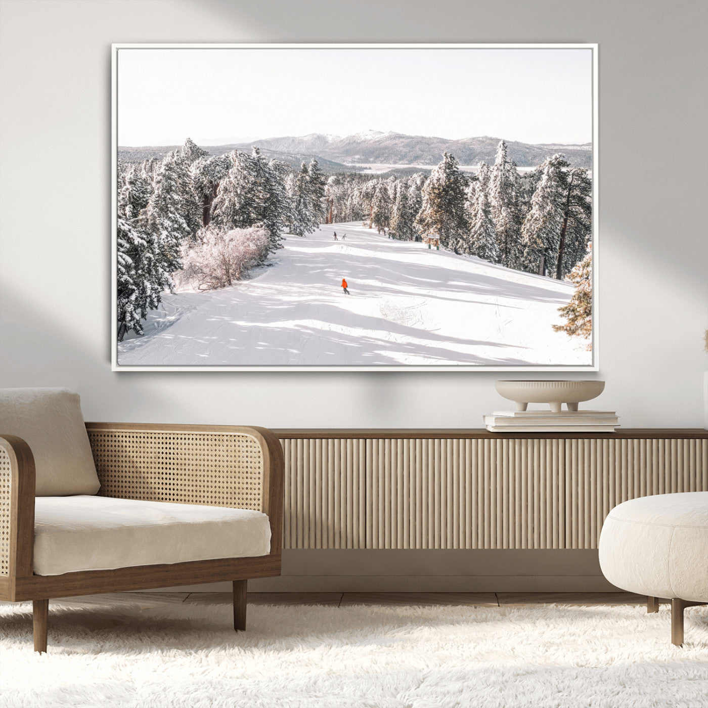 62119206-MGV-CV-36X24-Snowy Trail Wall Art Canvas Print, Framed Ski Slope Art Picture Print, Winter Pines Perfect Alpine Adventure Decor Artwork