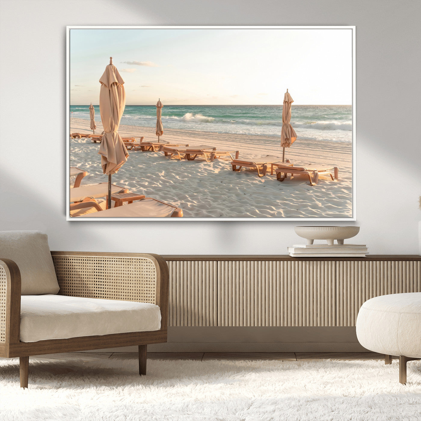 58507949-MGV-CV-36X24-Beach Umbrellas Wall Art Canvas Print, Framed Empty Loungers Art Picture Print, Soft Sand Perfect Minimalist Seaside Decor Artwork