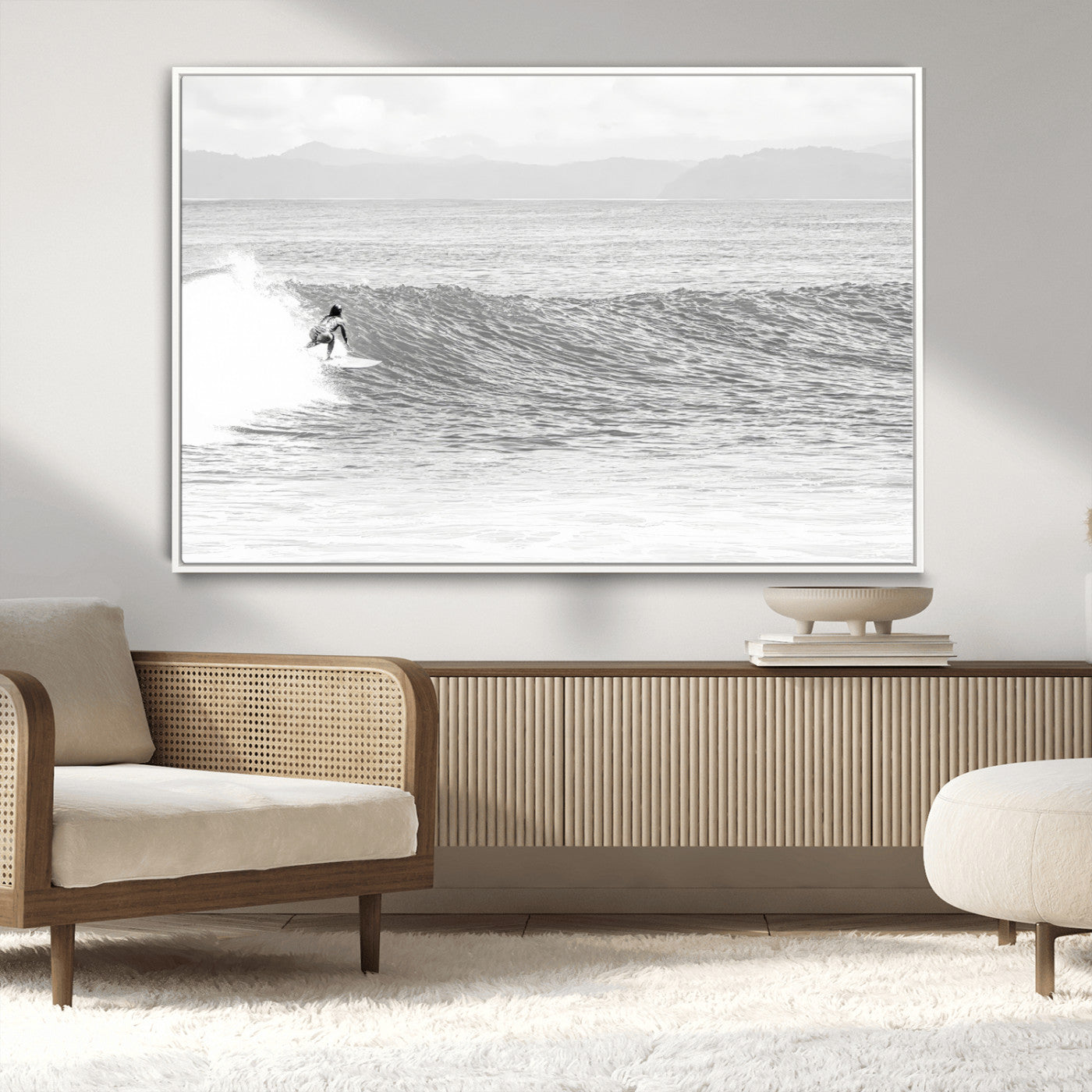 81535128-MGV-CV-36X24-Surfer Woman Wall Art Canvas Print, Framed Black Ocean Art Picture Print, Ocean Surfing Perfect Monochrome Coastal Decor Artwork