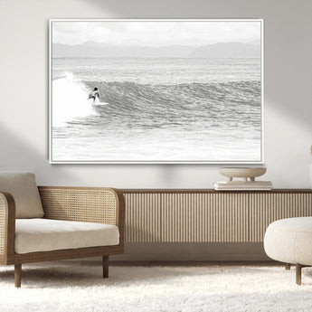 81535128-MGV-CV-36X24-Surfer Woman Wall Art Canvas Print, Framed Black Ocean Art Picture Print, Ocean Surfing Perfect Monochrome Coastal Decor Artwork