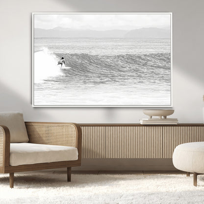 81535128-MGV-CV-36X24-Surfer Woman Wall Art Canvas Print, Framed Black Ocean Art Picture Print, Ocean Surfing Perfect Monochrome Coastal Decor Artwork