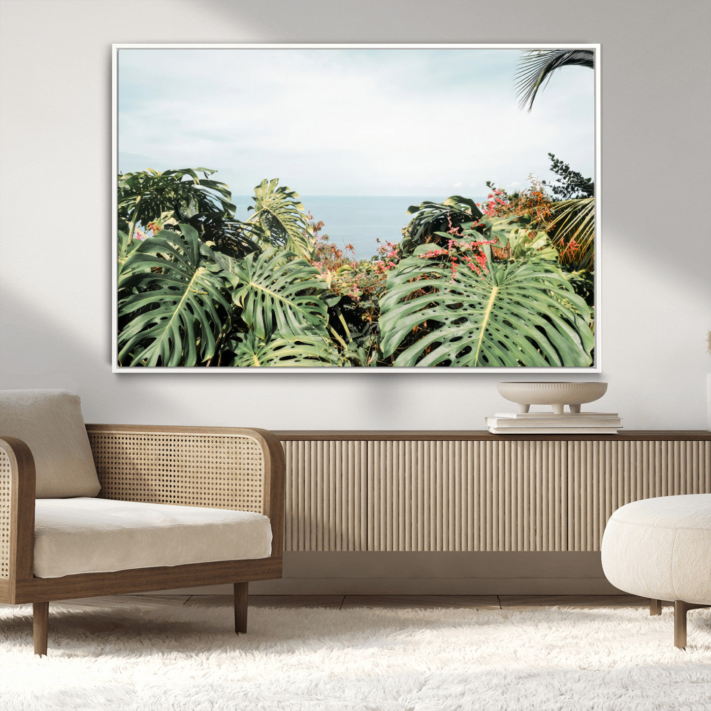 45700479-MGV-CV-36X24-Monstera Leaves Wall Art Canvas Print, Framed Tropical Ocean Art Picture Print, Tropical Foliage Perfect Tropical Coastal Jungle