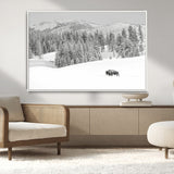 68081143-MGV-CV-36X24-Snowy Bison Wall Art Canvas Print, Framed Winter Forest Art Picture Print, Lone Bison Perfect Monochrome Winter Wild Decor Artwork