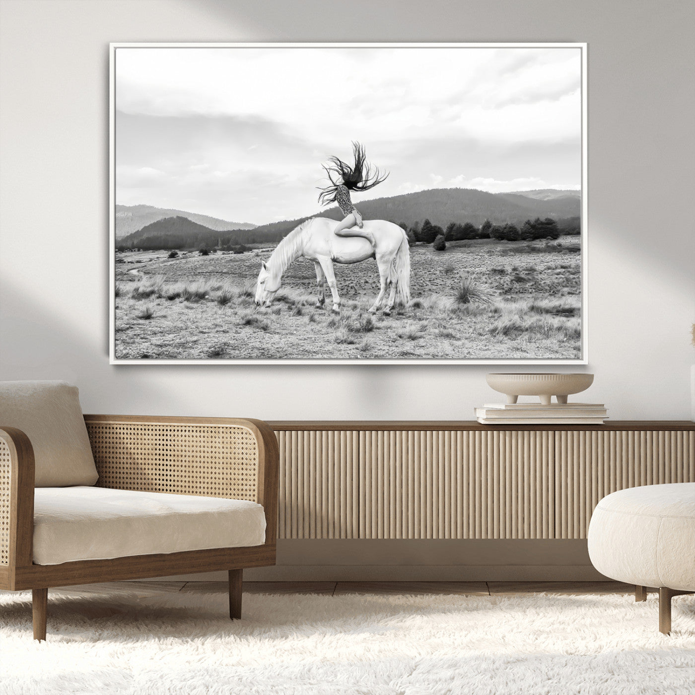 62789800-MGV-CV-36X24-White Horse Wall Art Canvas Print, Framed Woman Rider Art Picture Print, Equestrian Pose Perfect Western Boho Decor Artwork