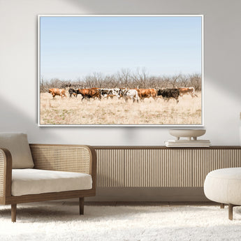 16563092-MGV-CV-36X24-Texas Longhorns Wall Art Canvas Print, Framed Western Cattles Art Picture Print, Rustic Herd Perfect Rustic Farmhouse Decor