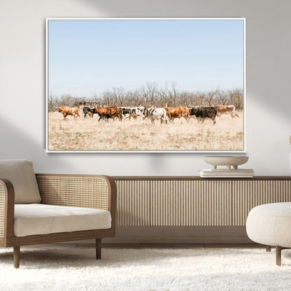 16563092-MGV-CV-36X24-Texas Longhorns Wall Art Canvas Print, Framed Western Cattles Art Picture Print, Rustic Herd Perfect Rustic Farmhouse Decor