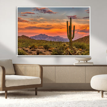 25332783-MGV-CV-36X24-Saguaro Cactus Wall Art Canvas Print, Framed Arizona Sunset Art Picture Print, Sonoran Desert Perfect Southwestern Boho Decor