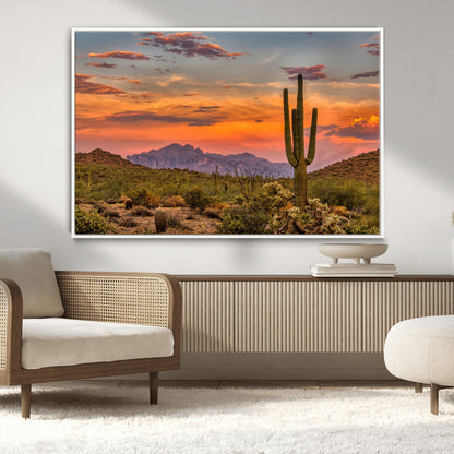 25332783-MGV-CV-36X24-Saguaro Cactus Wall Art Canvas Print, Framed Arizona Sunset Art Picture Print, Sonoran Desert Perfect Southwestern Boho Decor