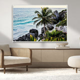 94669907-MGV-CV-36X24-Tropical Coastline Wall Art Canvas Print, Framed Palm Tree Art Picture Print, Rocky Beach Perfect Tropical Coastal Decor Artwork