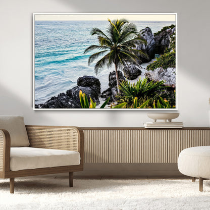 94669907-MGV-CV-36X24-Tropical Coastline Wall Art Canvas Print, Framed Palm Tree Art Picture Print, Rocky Beach Perfect Tropical Coastal Decor Artwork