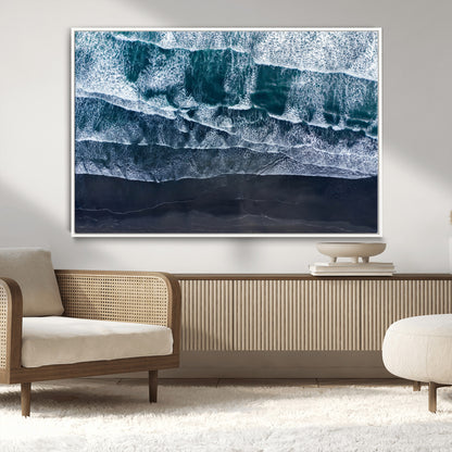 87941475-MGV-CV-36X24-Black Beach Wall Art Canvas Print, Framed Aerial Ocean Art Picture Print, Moody Coastal Perfect Modern Coastal Decor Artwork