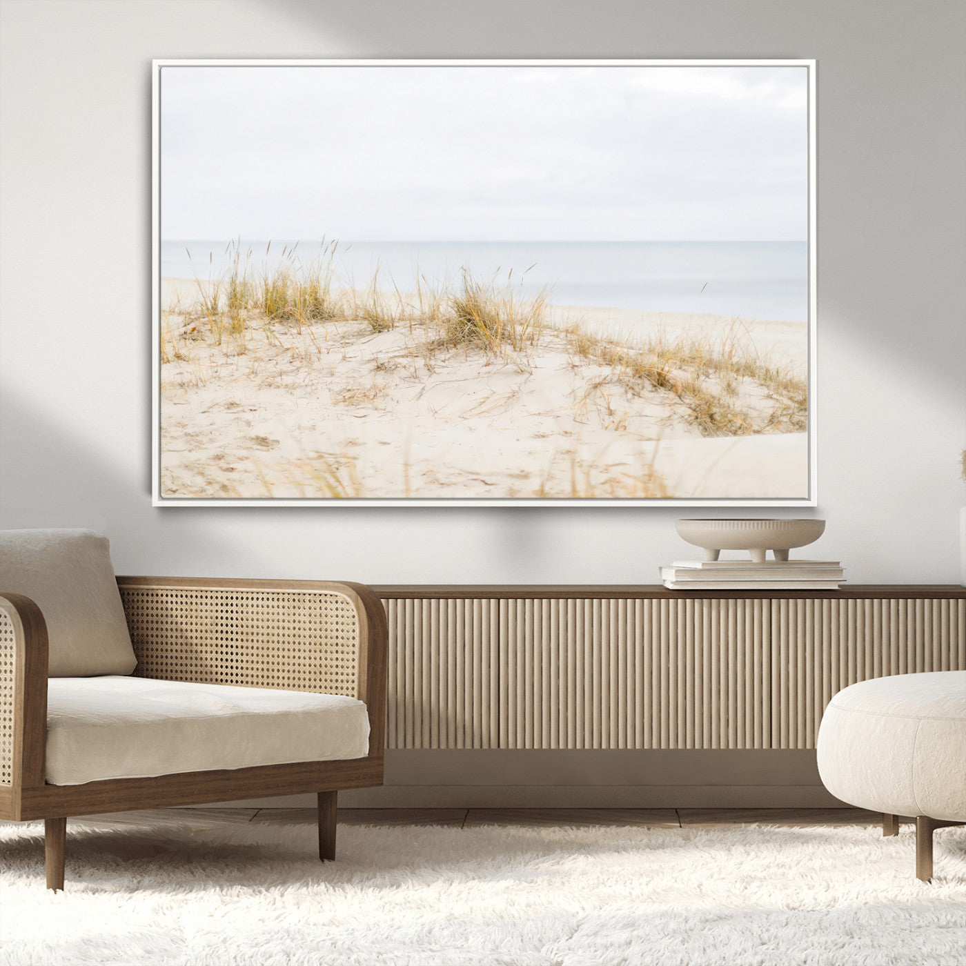 13146857-MGV-FC-36X24_White-Beach Dunes Wall Art Canvas Print, Framed Soft Horizon Art Picture Print, Coastal Grass Perfect Minimalist Coastal Decor Artwork