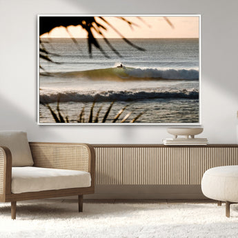 24896468-MGV-CV-36X24-Sunset Surf Wall Art Canvas Print, Framed Golden Waves Art Picture Print, Tropical Ocean Perfect Tropical Boho Decor Artwork