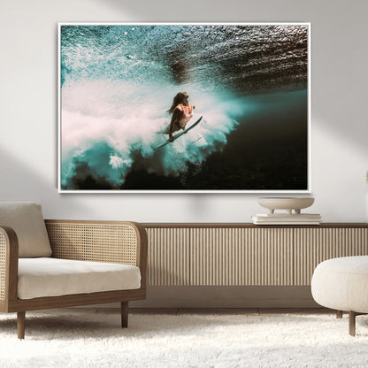 85923512-MGV-CV-36X24-Aquatic Motion Wall Art Canvas Print, Framed Underwater Swimming Art Picture Print, Female Surfer Diving Perfect Coastal Boho