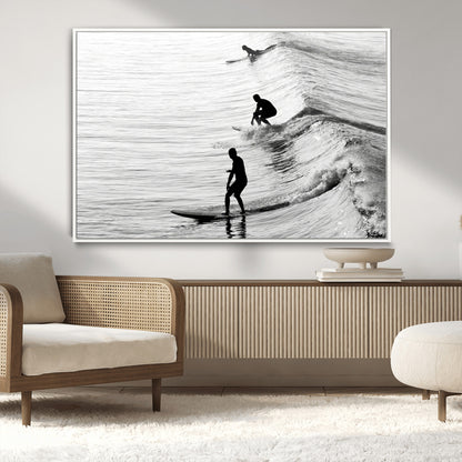19875284-MGV-CV-36X24-Surfer Waves Wall Art Canvas Print, Framed Black White Surf Art Picture Print, Monochrome Ocean Perfect Modern Coastal Decor