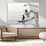 19875284-MGV-CV-36X24-Surfer Waves Wall Art Canvas Print, Framed Black White Surf Art Picture Print, Monochrome Ocean Perfect Modern Coastal Decor