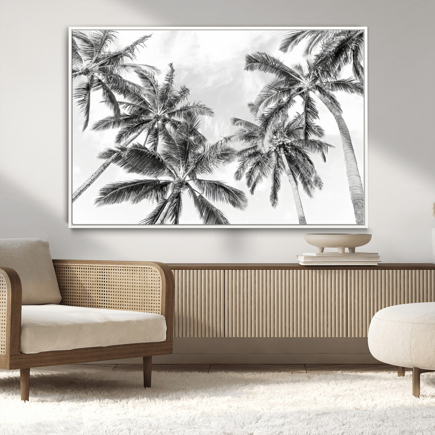 62113786-MGV-CV-36X24-Black White Palm Wall Art Canvas Print, Framed Monochrome Tropics Art Picture Print, Minimalist Beach Perfect Coastal Minimalist