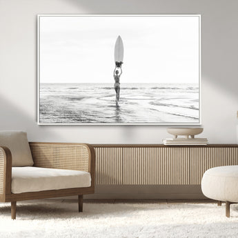 98446901-MGV-FC-36X24_White-Monochrome Surf Wall Art Canvas Print, Framed Minimalist Surfer Art Picture Print, Surfboard Silhouette Perfect Coastal Minimalist
