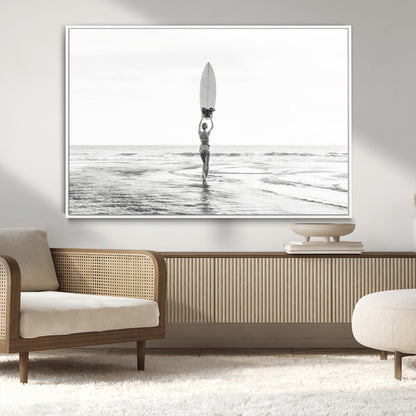 98446901-MGV-FC-36X24_White-Monochrome Surf Wall Art Canvas Print, Framed Minimalist Surfer Art Picture Print, Surfboard Silhouette Perfect Coastal Minimalist