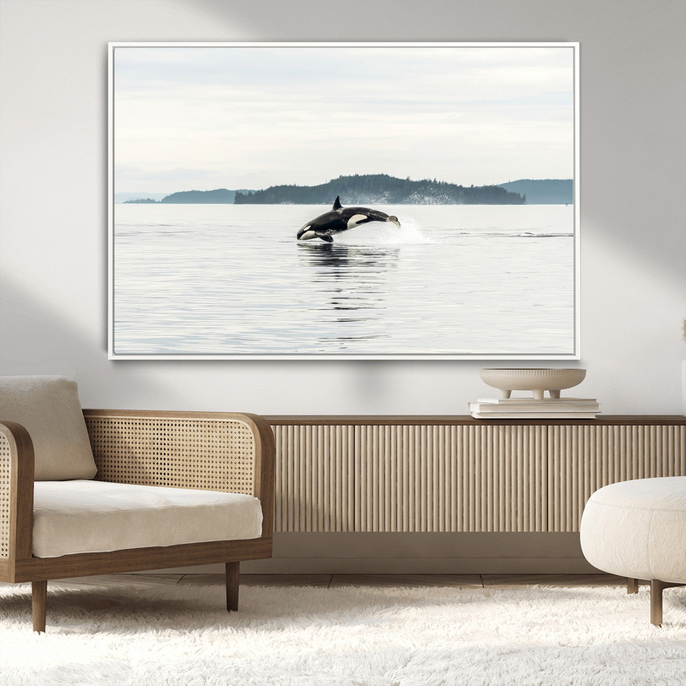 10157174-MGV-CV-36X24-Orca Whale Wall Art Canvas Print, Framed Black White Whale Art Picture Print, Minimalist Ocean Perfect Coastal Minimalist Decor