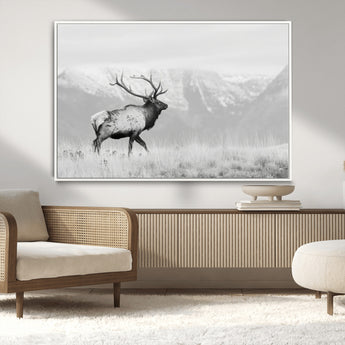 62278753-MGV-CV-36X24-Monochrome Elk Wall Art Canvas Print, Framed Mountain Wildlife Art Picture Print, Rustic Nature Perfect Rustic Minimalist Decor