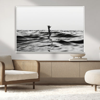 69541918-MGV-CV-36X24-Black White Ocean Wall Art Canvas Print, Framed Moody Seascape Art Picture Print, Surfer Sign Perfect Moody Minimalist Decor