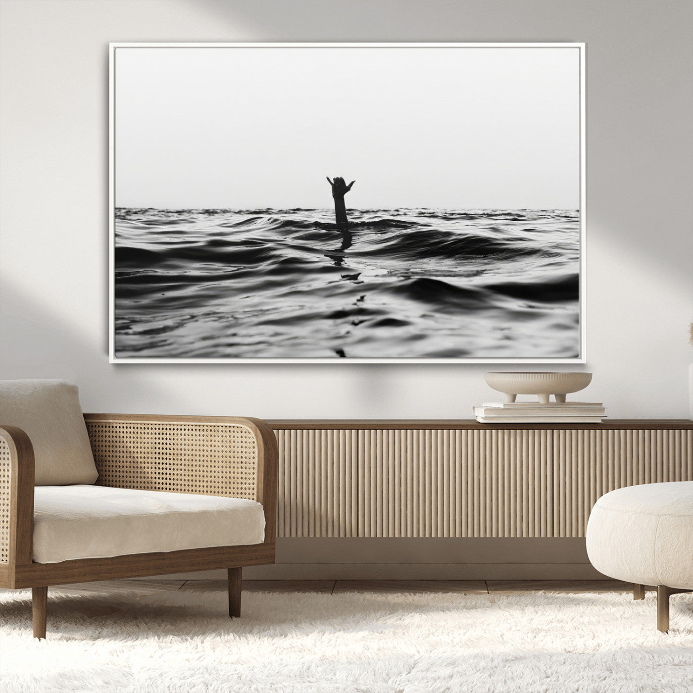 69541918-MGV-CV-36X24-Black White Ocean Wall Art Canvas Print, Framed Moody Seascape Art Picture Print, Surfer Sign Perfect Moody Minimalist Decor