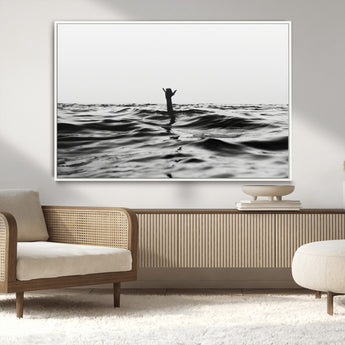 69541918-MGV-CV-36X24-Black White Ocean Wall Art Canvas Print, Framed Moody Seascape Art Picture Print, Surfer Sign Perfect Moody Minimalist Decor