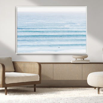 77145995-MGV-CV-36X24-Ocean Simplicity Wall Art Canvas Print, Framed Surfer on Water Art Picture Print, Light Blue Perfect Coastal Minimalist Decor