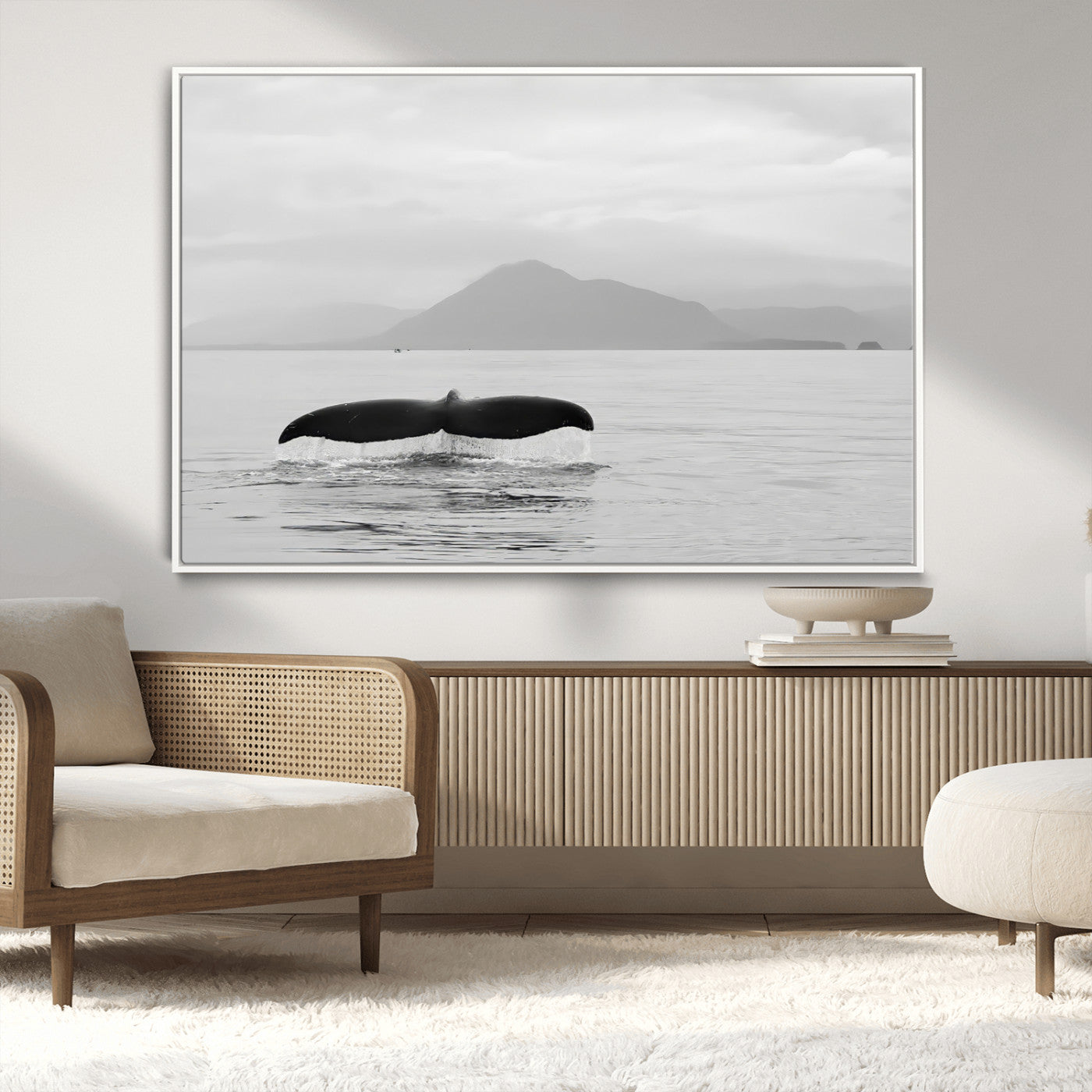 30524220-MGV-CV-36X24-Whale Tail Wall Art Canvas Print, Framed Black White Ocean Art Picture Print, Calm Marine Perfect Minimalist Coastal Decor Artwork